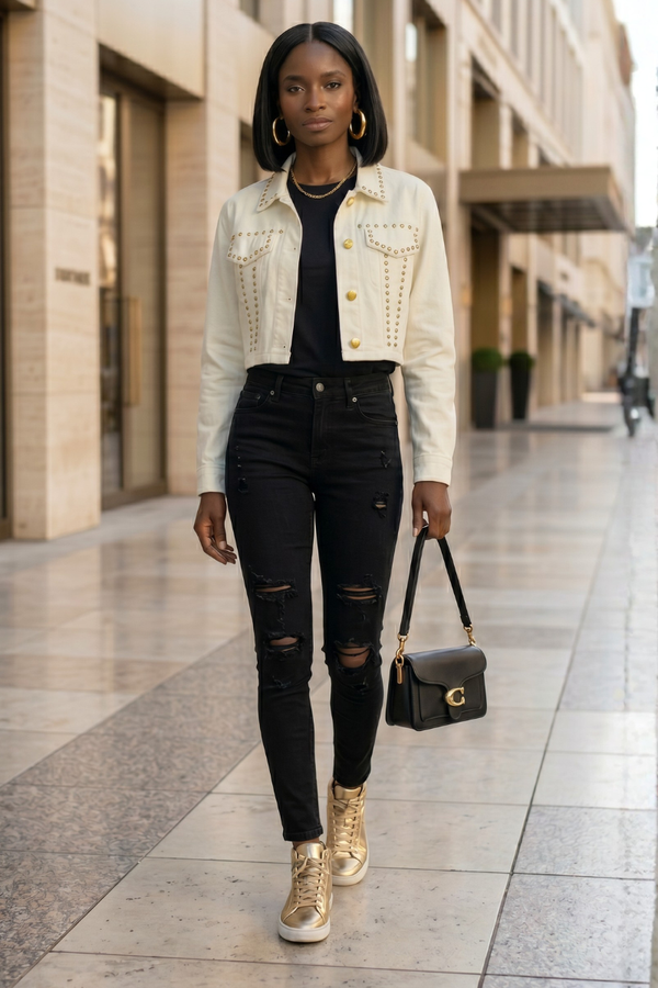 Studded White Cropped Jacket